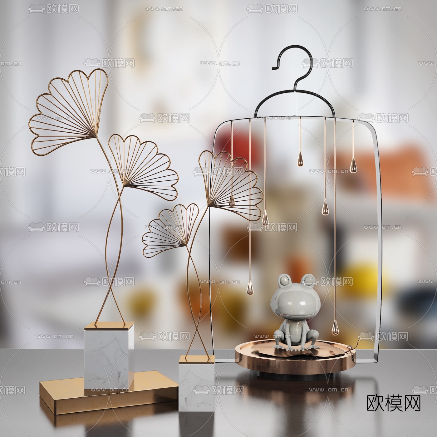 新中式青蛙叶子雕塑摆件3d模型