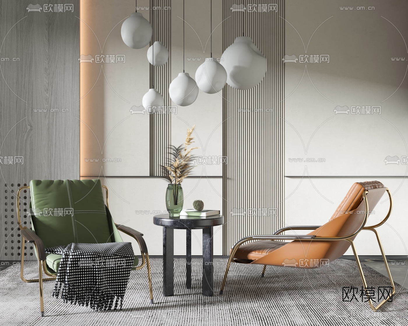 现代皮革休闲躺椅圆几3d模型下载（渲染图1）