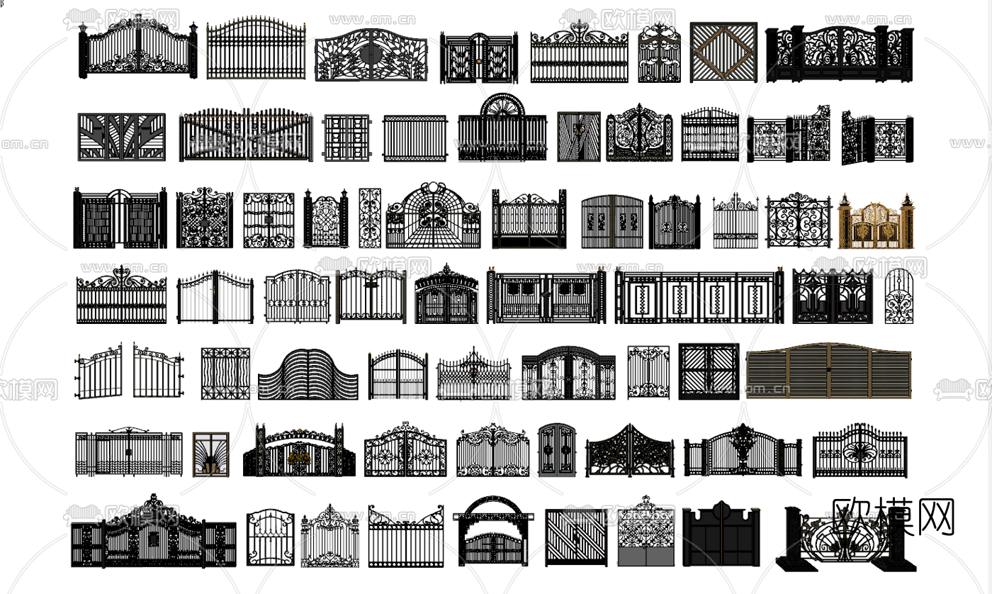 欧式铁艺雕花大门入口围墙围栏su模型下载