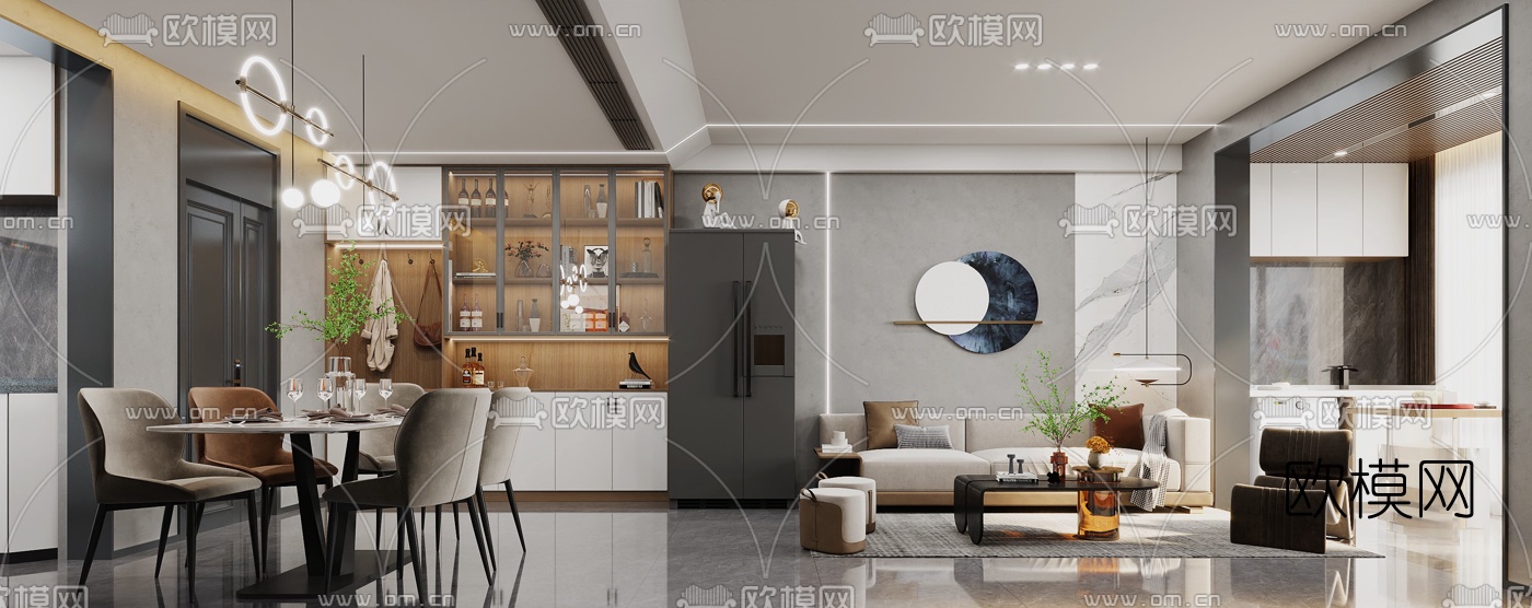 现代客厅餐厅3d模型