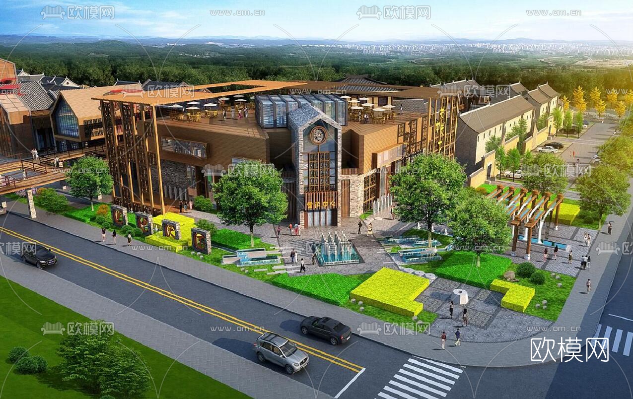 中式仿古商业街su模型下载（渲染图2）