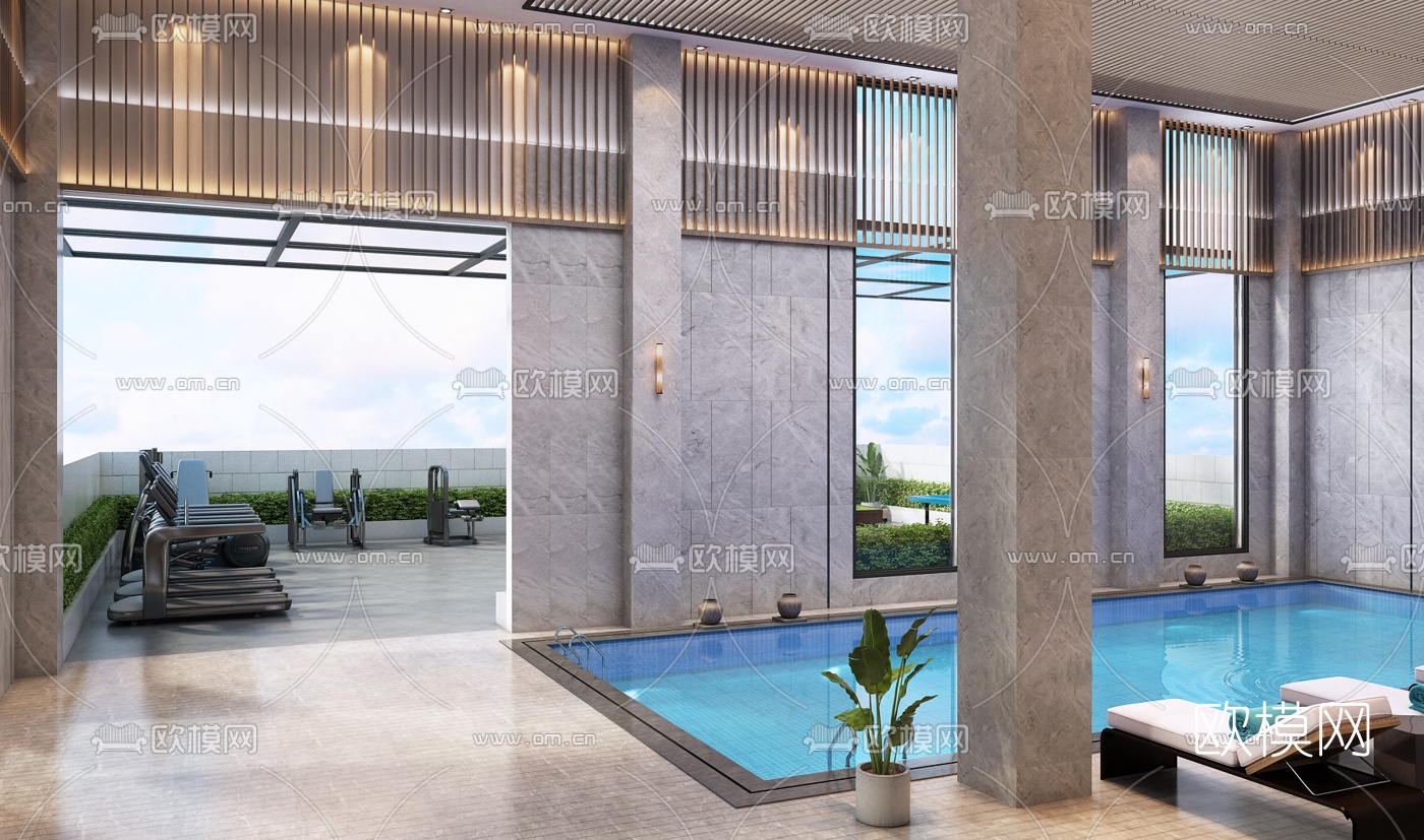 现代泳池麻将室休闲会馆3d模型下载（渲染图2）