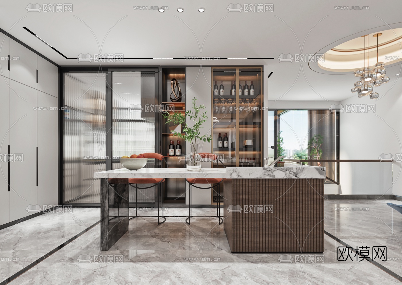 现代中岛吧台酒柜3d模型