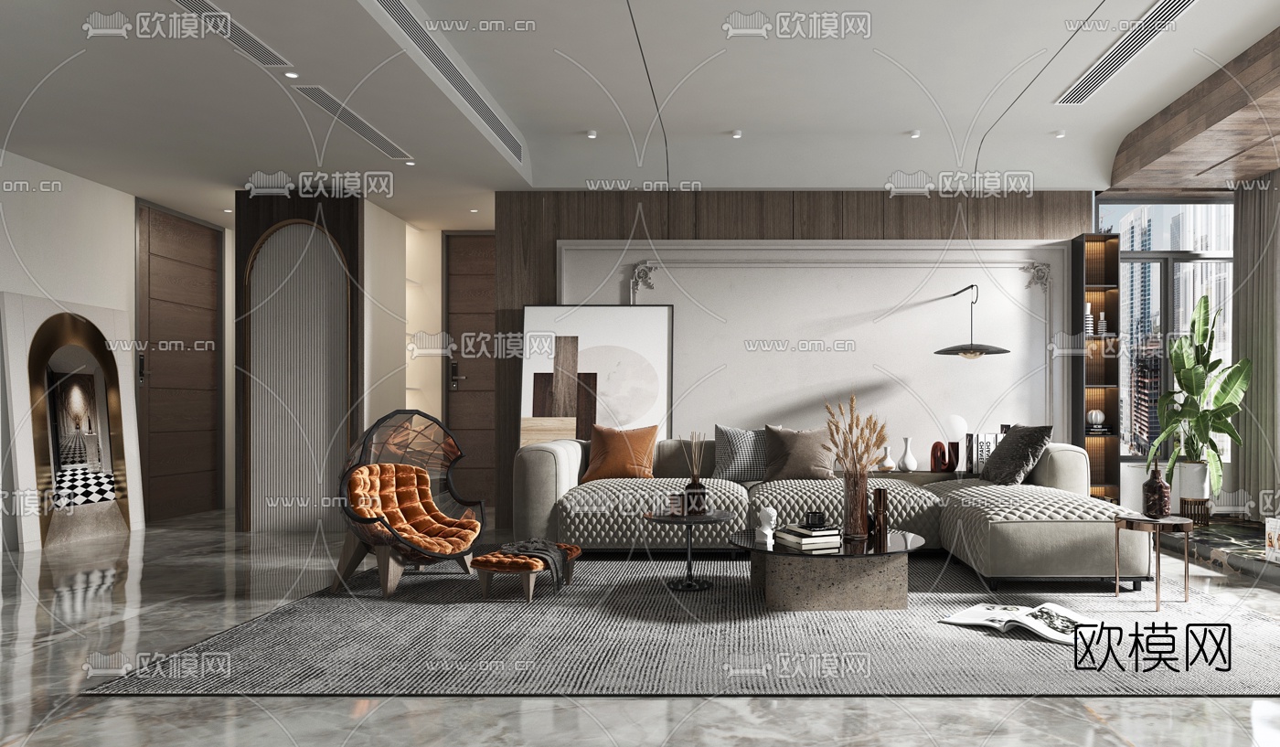现代轻奢复式客厅3d模型下载（渲染图4）