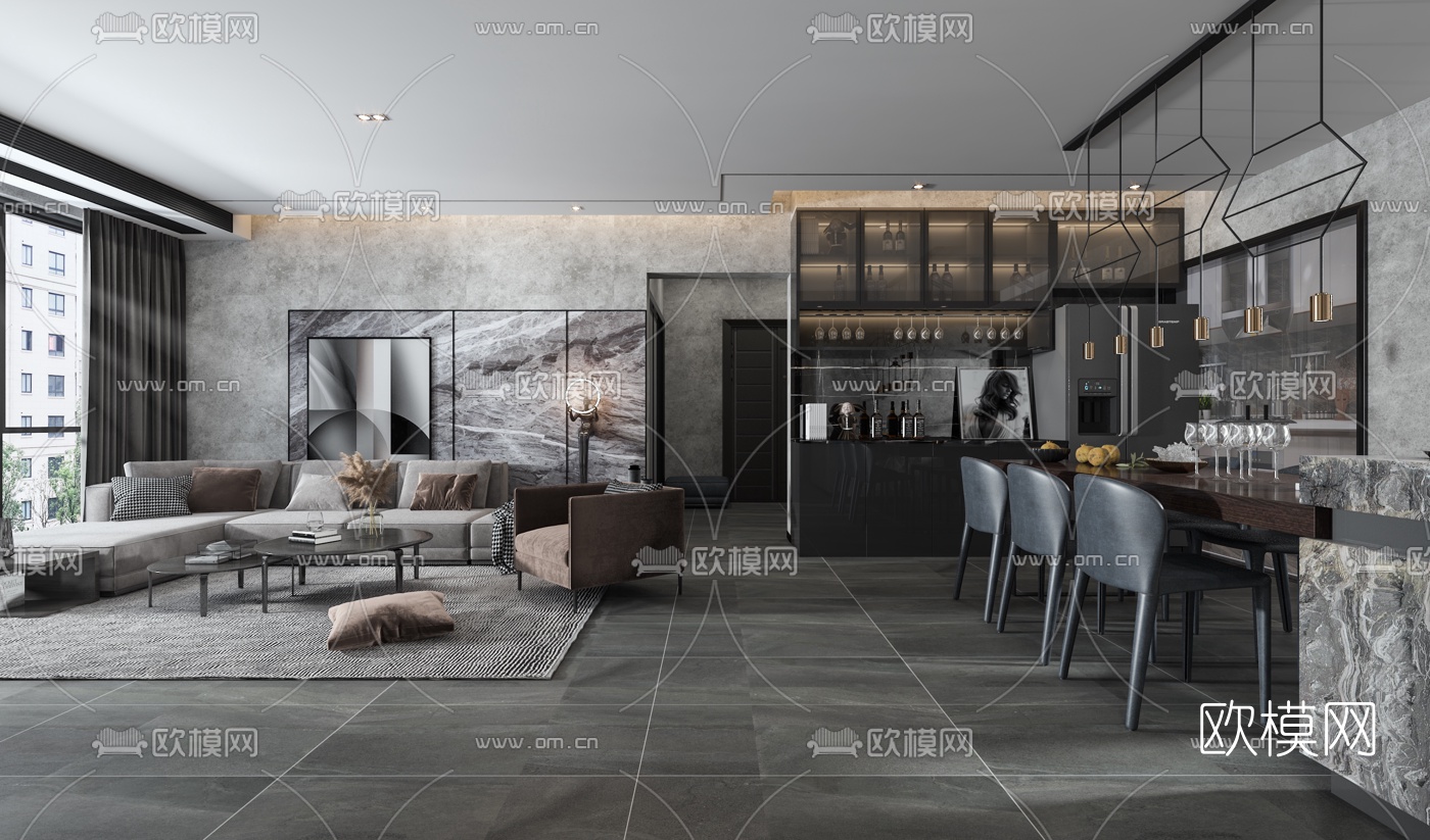 现代简约客厅餐厅3d模型