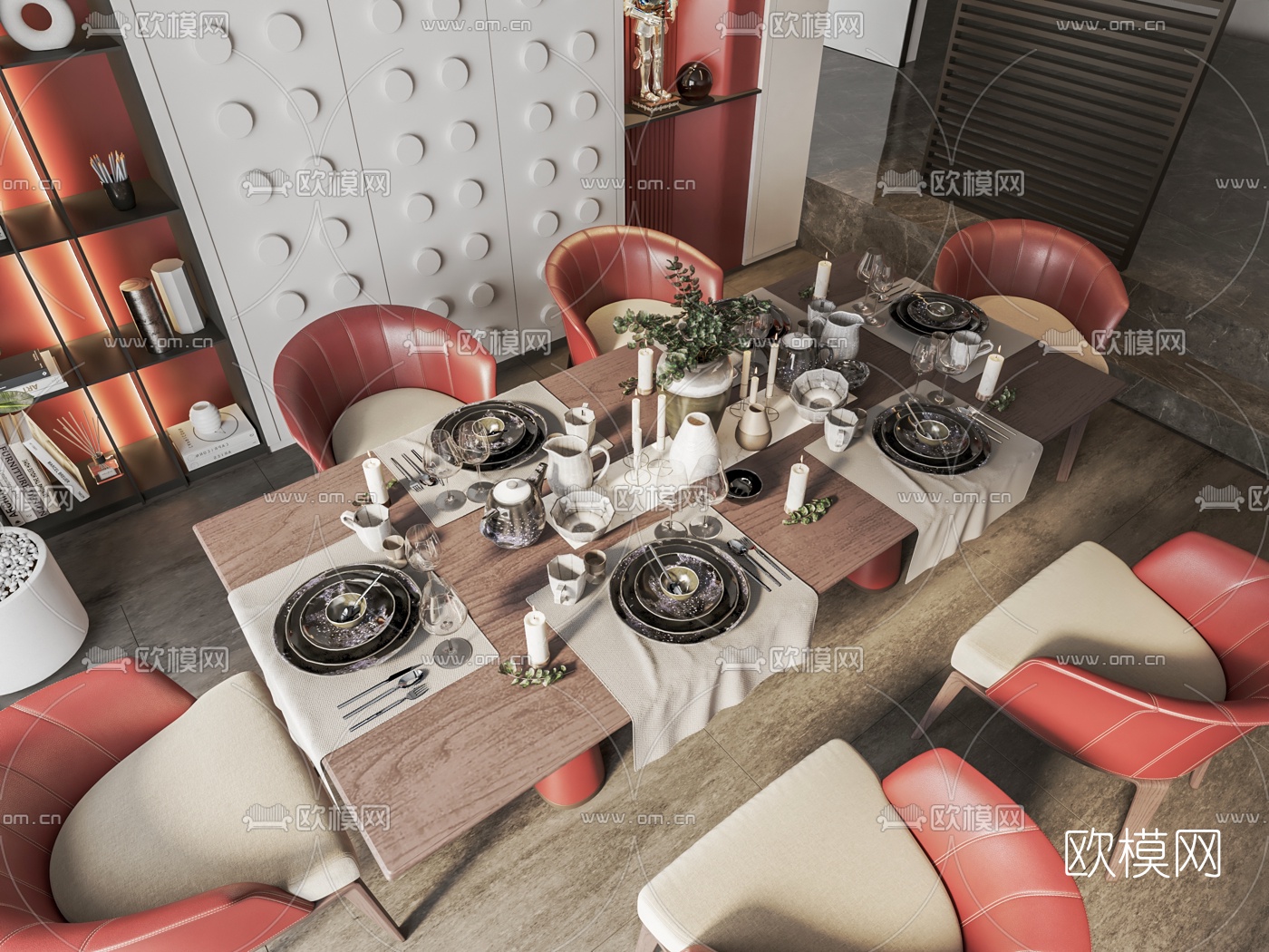 现代实木条形餐桌椅3d模型下载（渲染图2）
