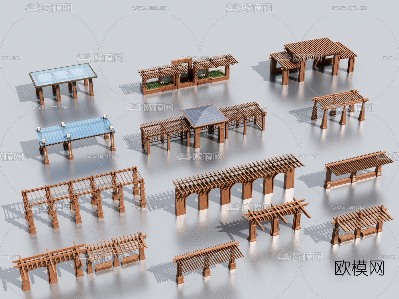 新中式木质廊架3d模型下载