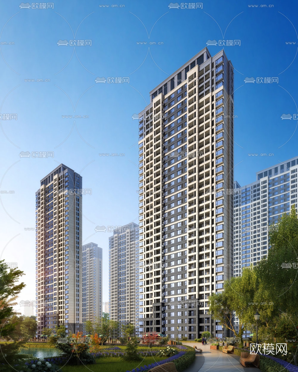 现代傍晚商业街su模型下载（渲染图4）