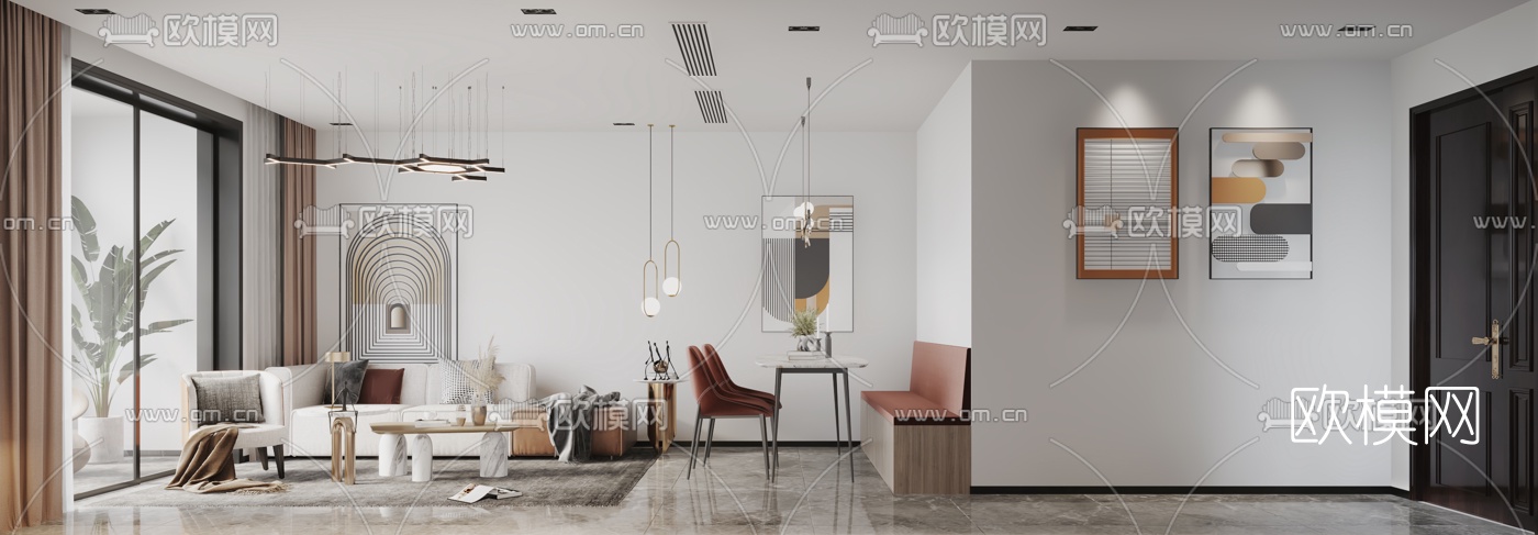 现代公寓客厅餐厅3d模型下载（渲染图1）
