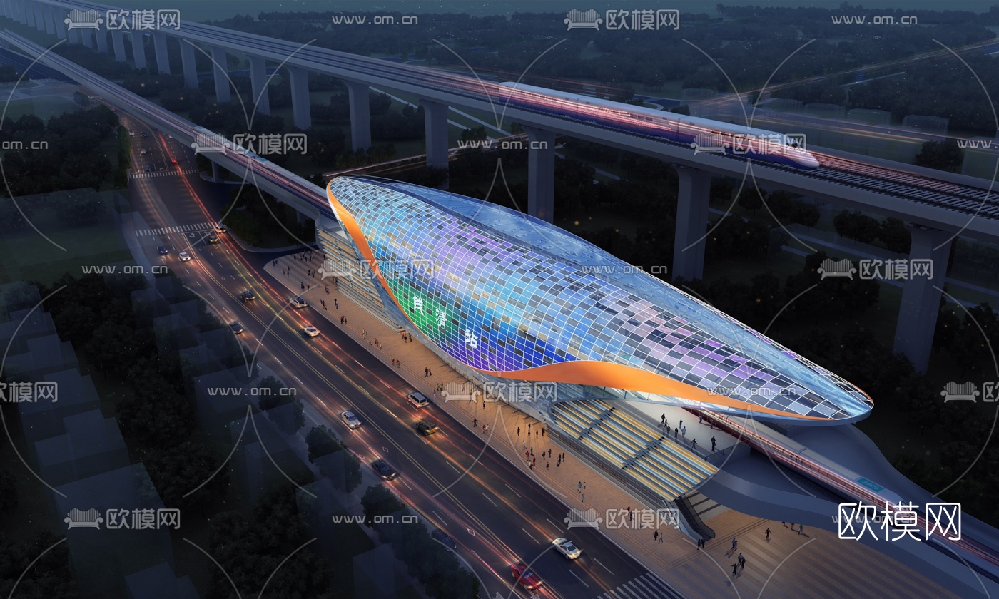 现代夜景高铁站3d模型