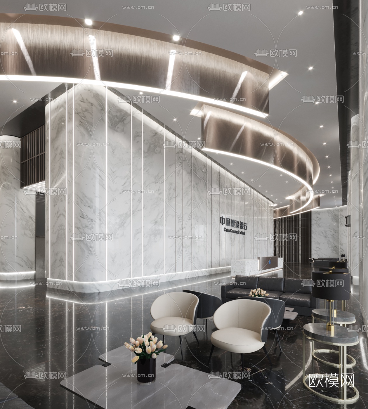 现代银行总部大堂前台3d模型下载（渲染图1）