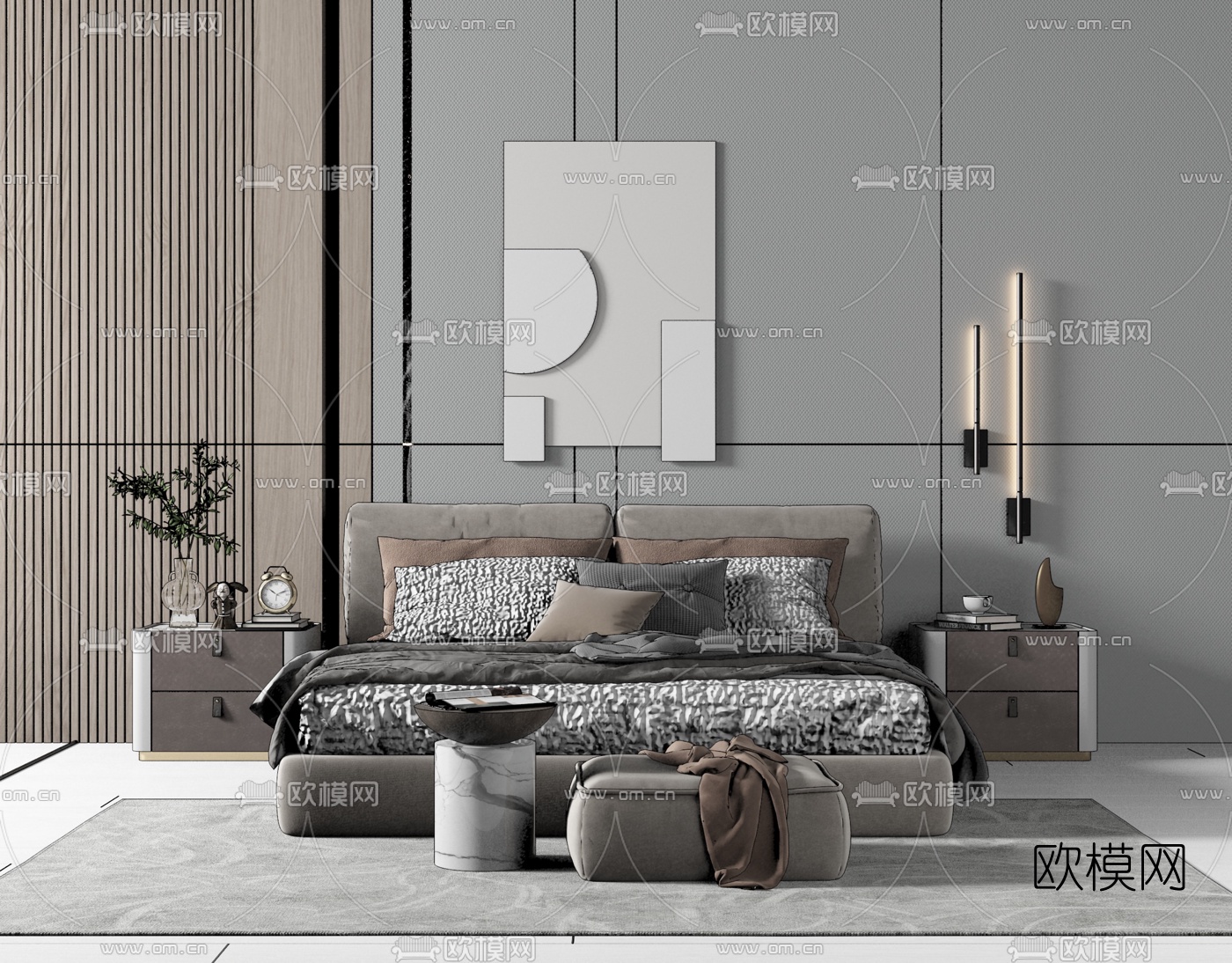 现代布艺双人床su模型下载