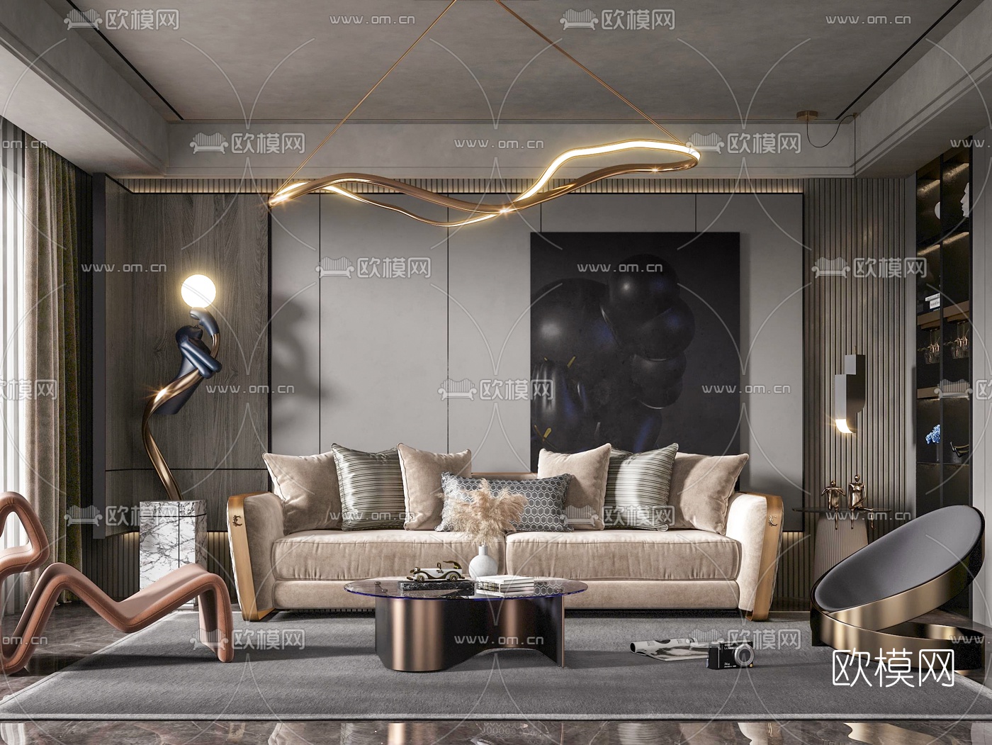 现代绒布沙发组合3d模型-免费3dmax模型库-欧模网