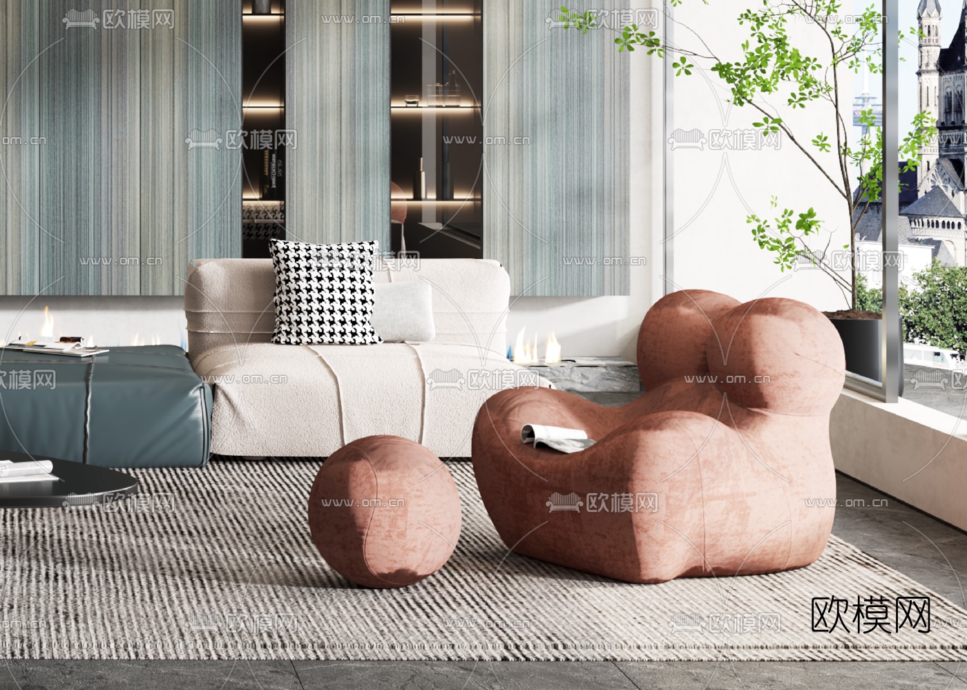现代布艺沙发组合3d模型下载（渲染图3）