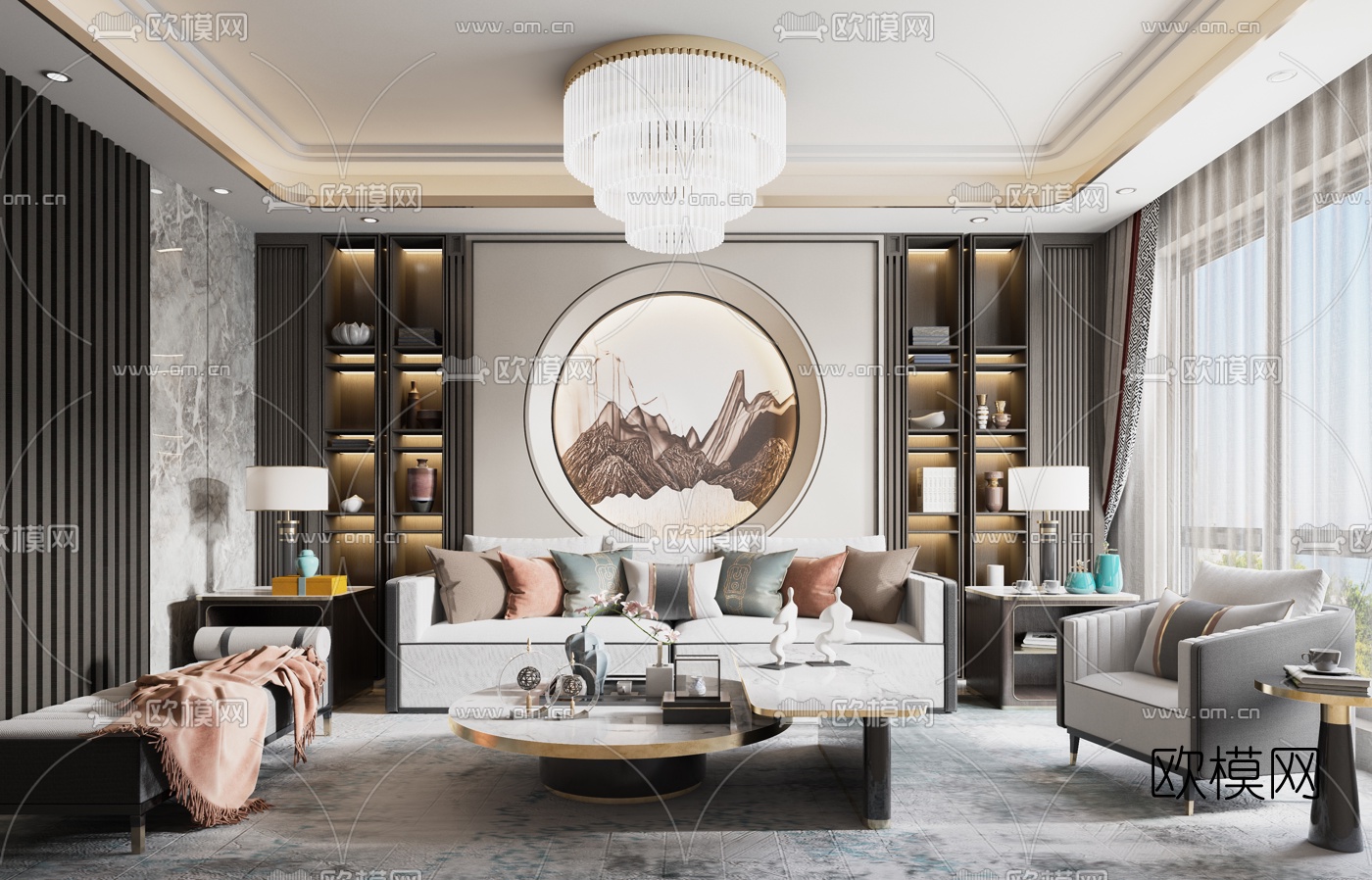 新中式布艺沙发组合3d模型下载