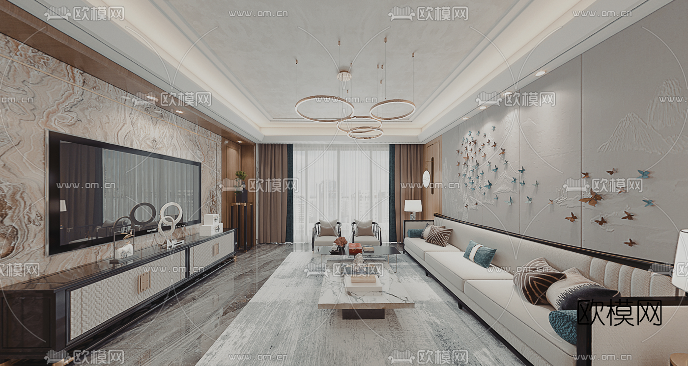 新中式客厅餐厅cr全景3d模型