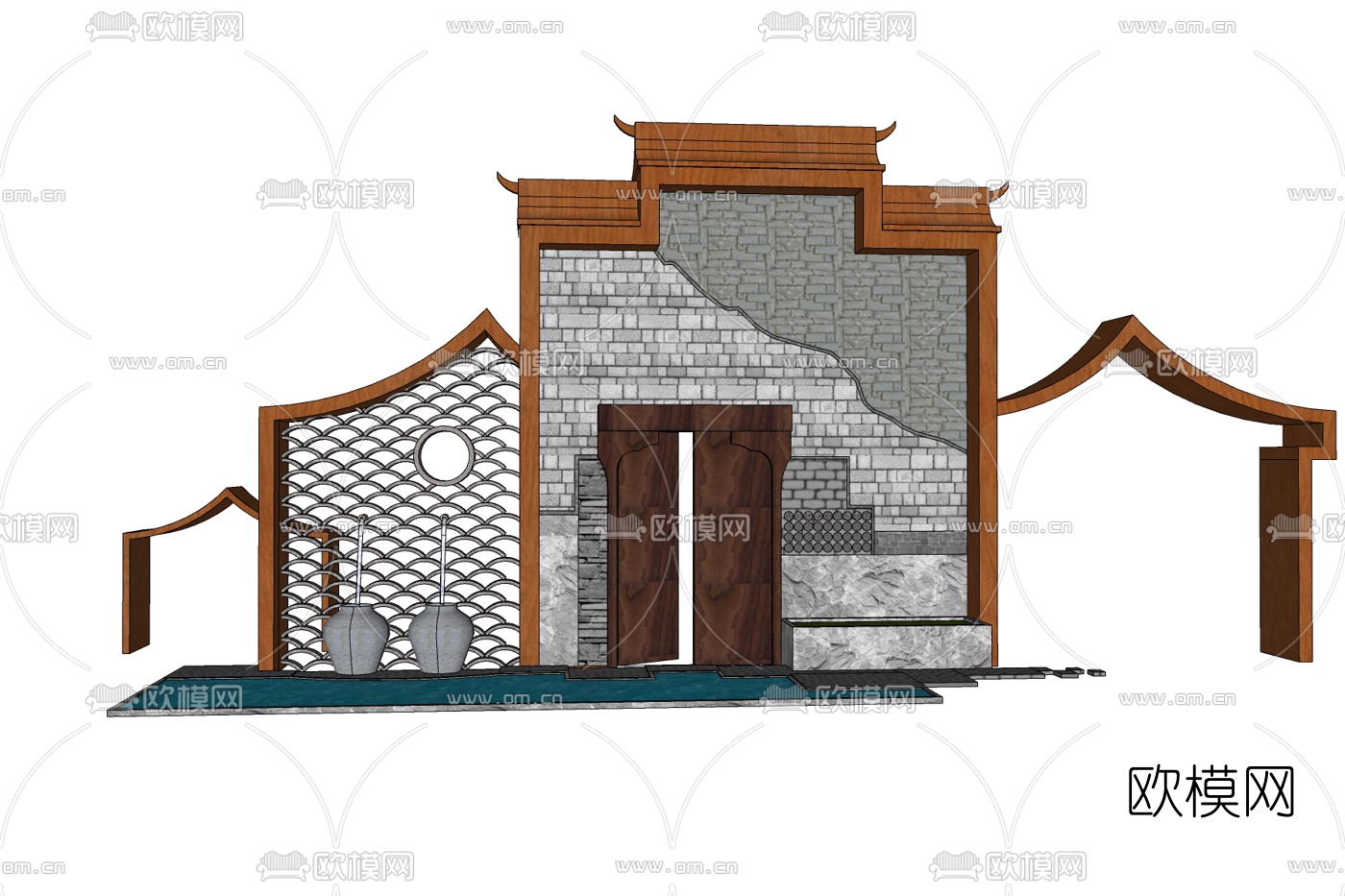 新中式流水小品免费su模型下载