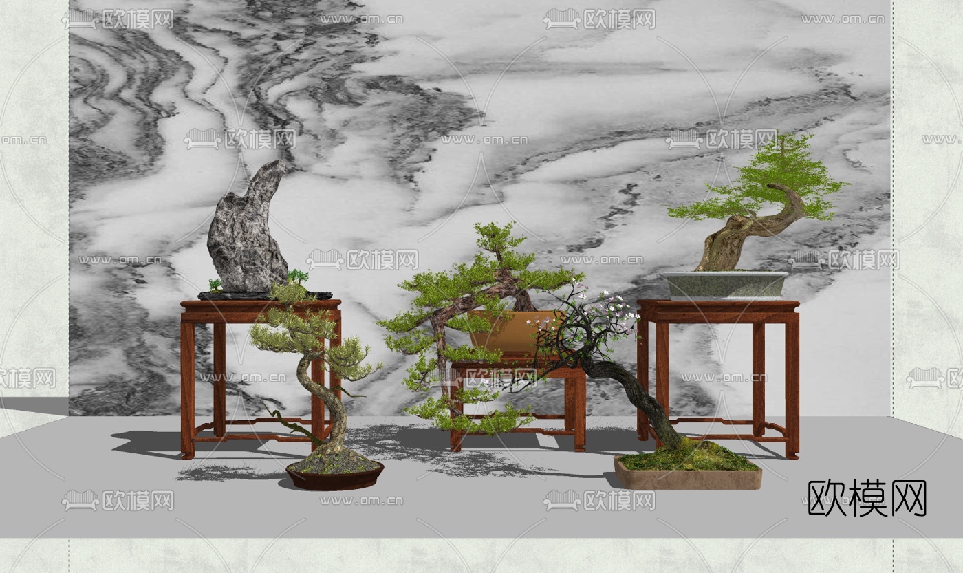 新中式罗汉松盆栽su模型下载