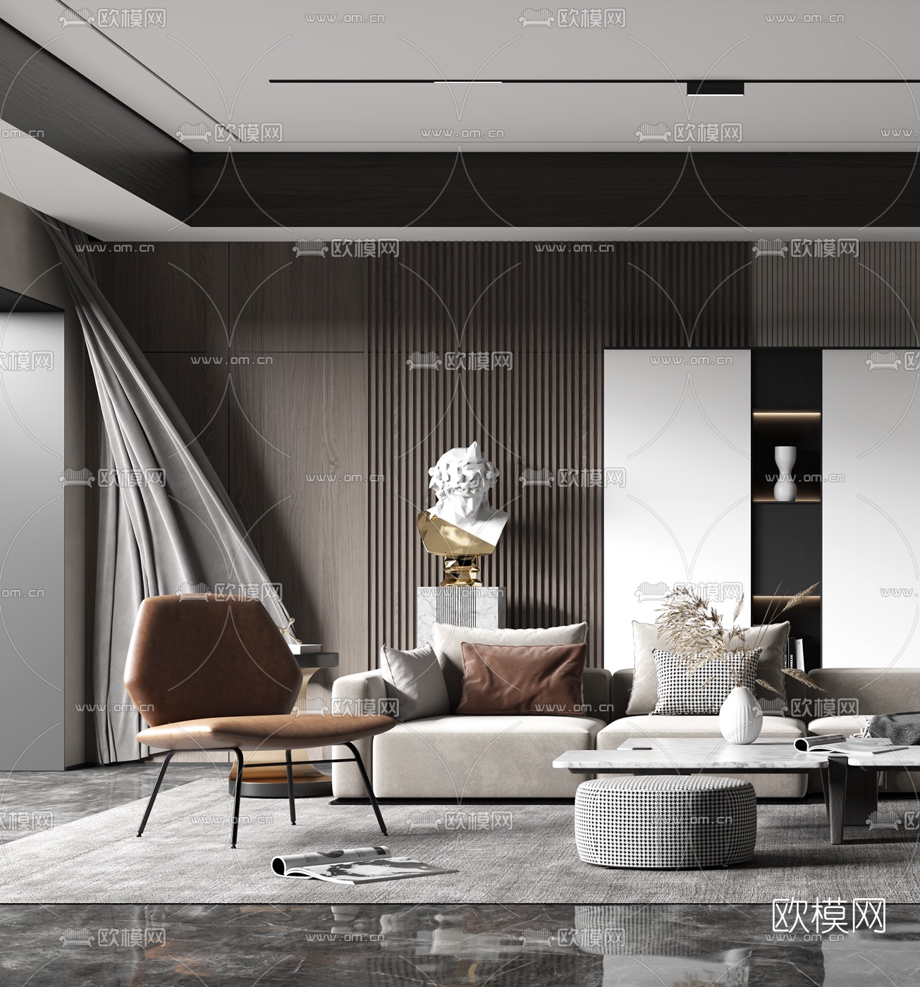 现代布艺转角沙发组合3d模型下载（渲染图2）