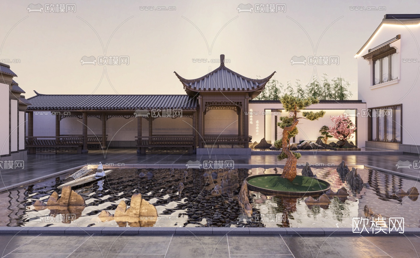 新中式别墅庭院3d模型