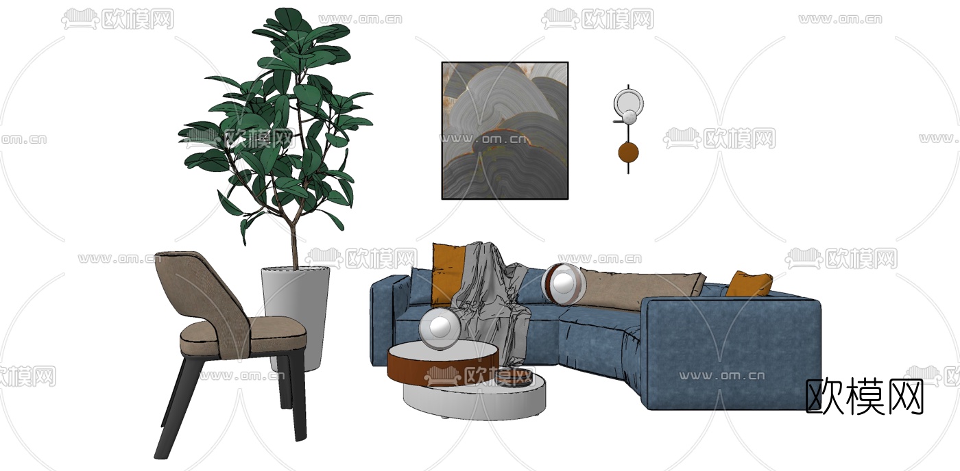 北欧布艺弧形沙发su模型下载