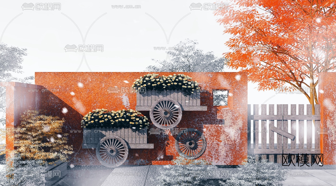 新中式园林马车轱辘小品3d模型下载