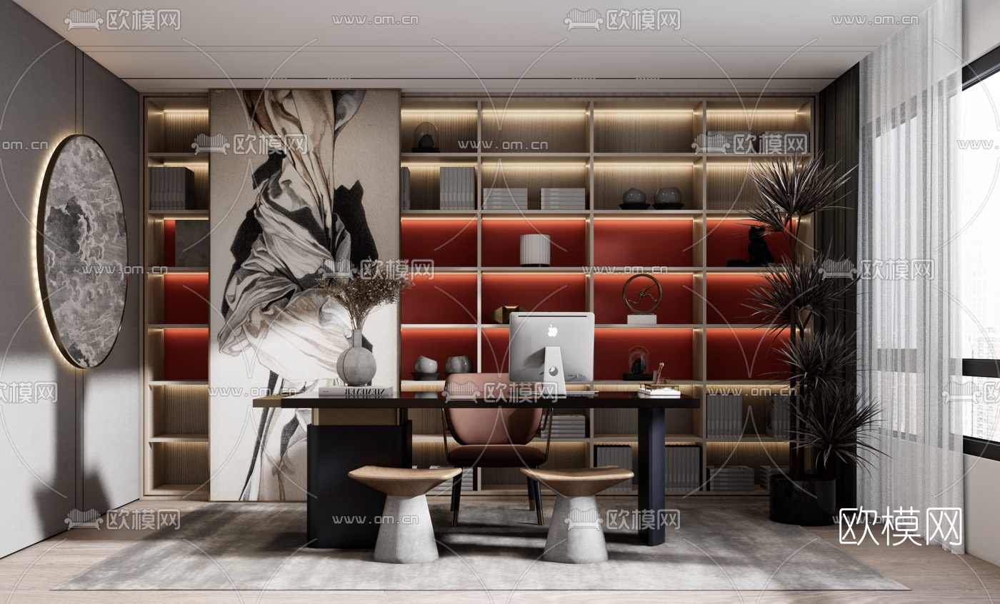 新中式书房su模型下载（渲染图1）