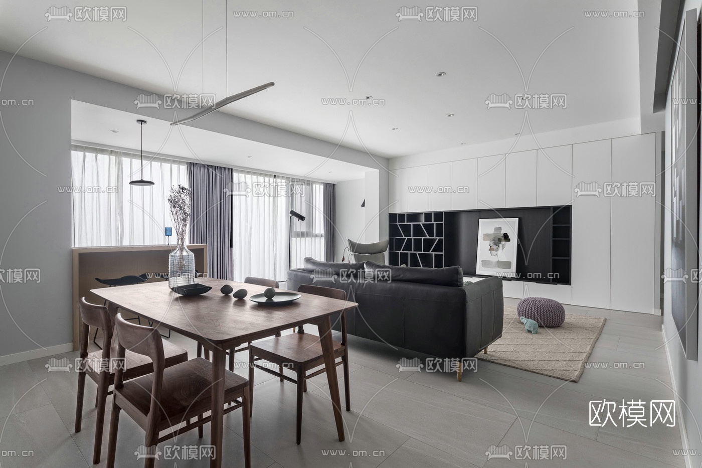 现代高级灰客厅餐厅3d模型