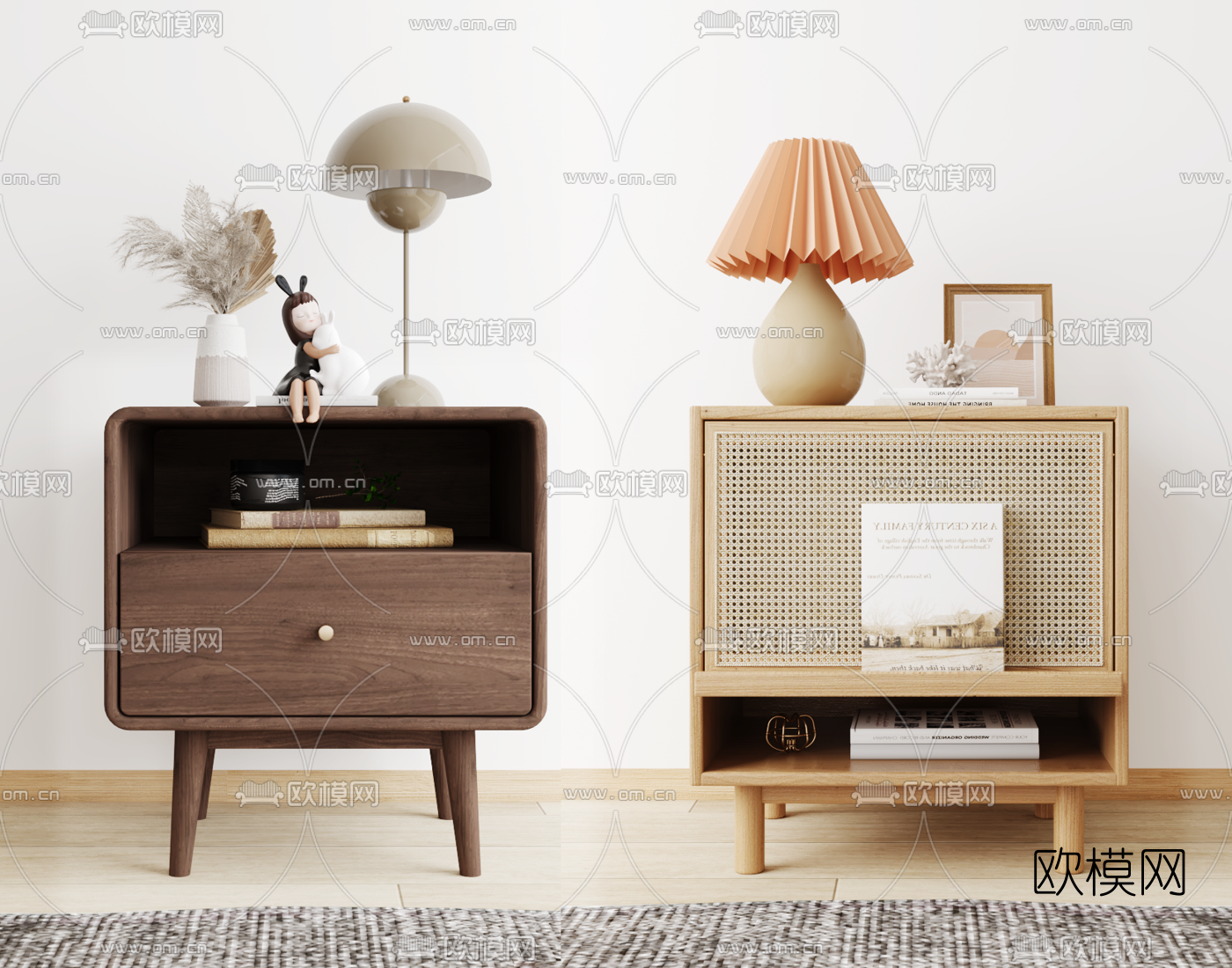 北欧实木床头柜su模型下载（渲染图1）