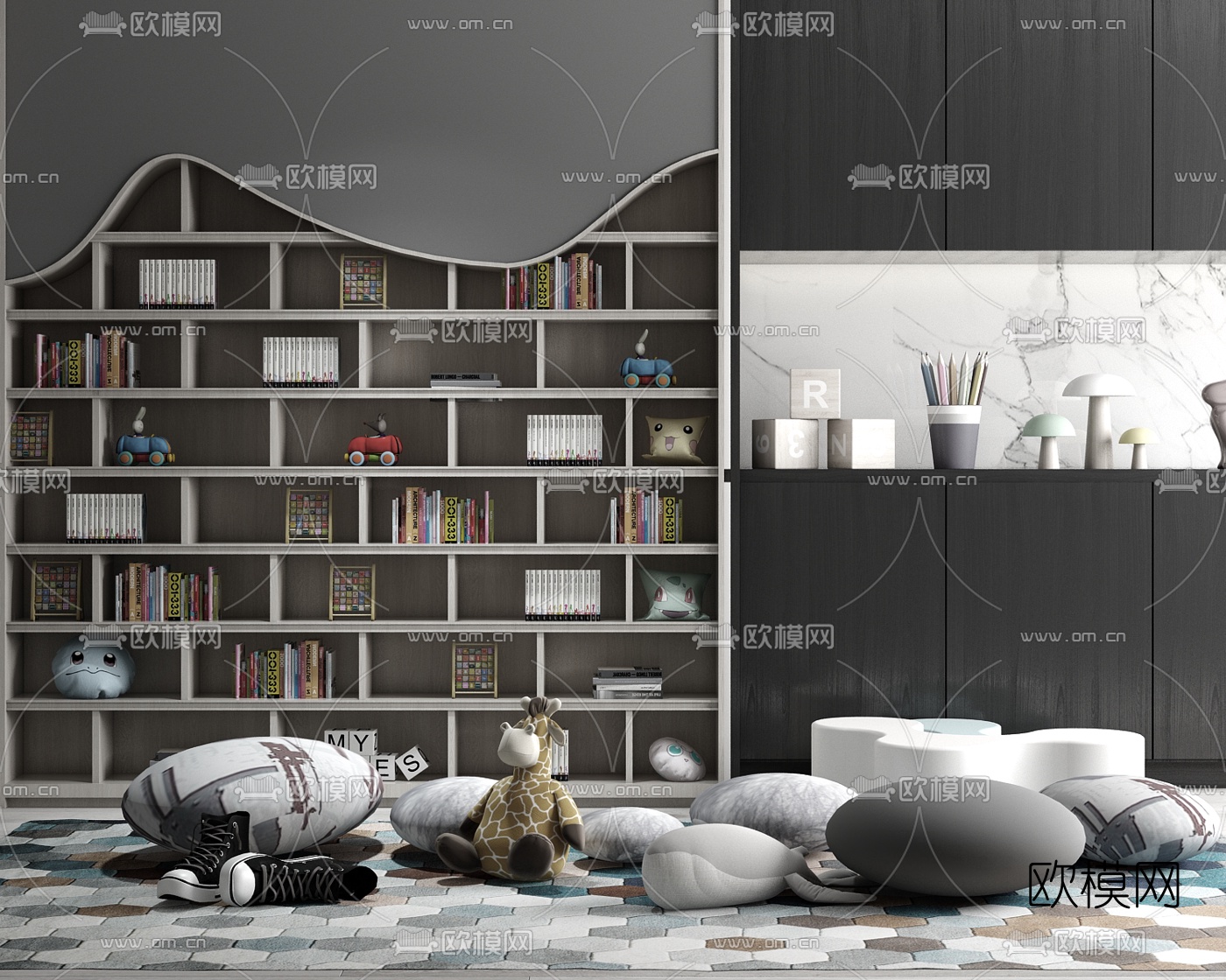 现代玩偶儿童书柜3d模型下载