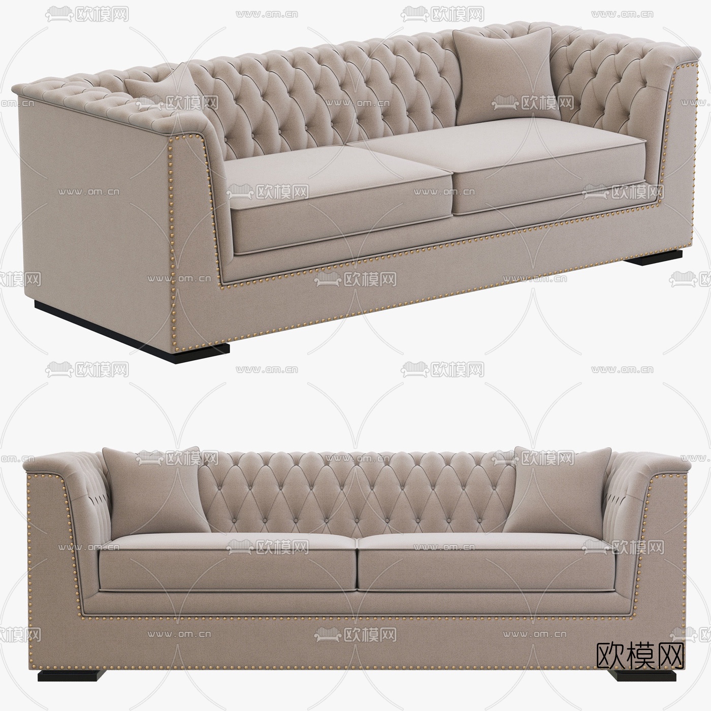 简欧布艺双人沙发3d模型下载（渲染图1）