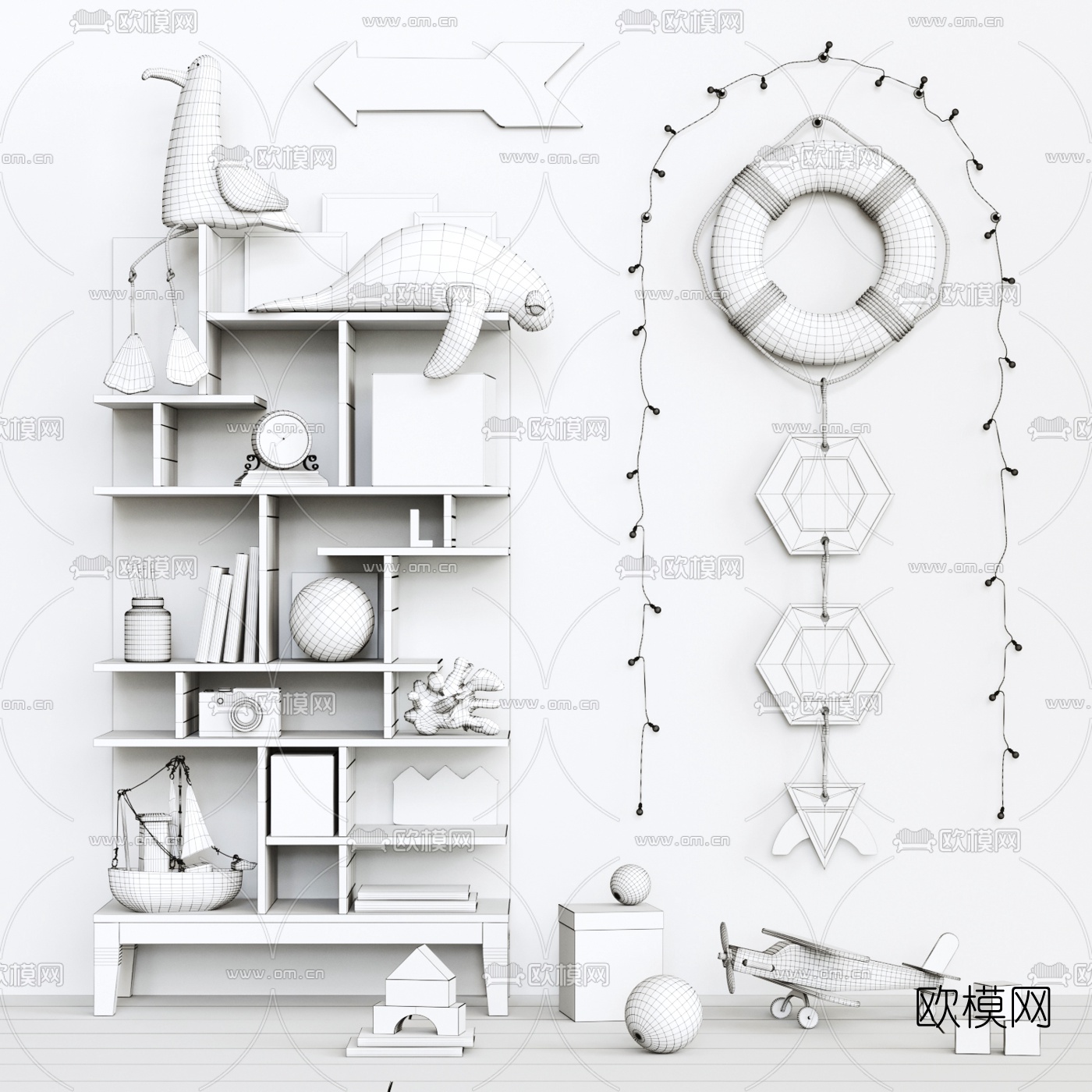 现代儿童房置物架玩具灯饰3d模型下载（渲染图2）