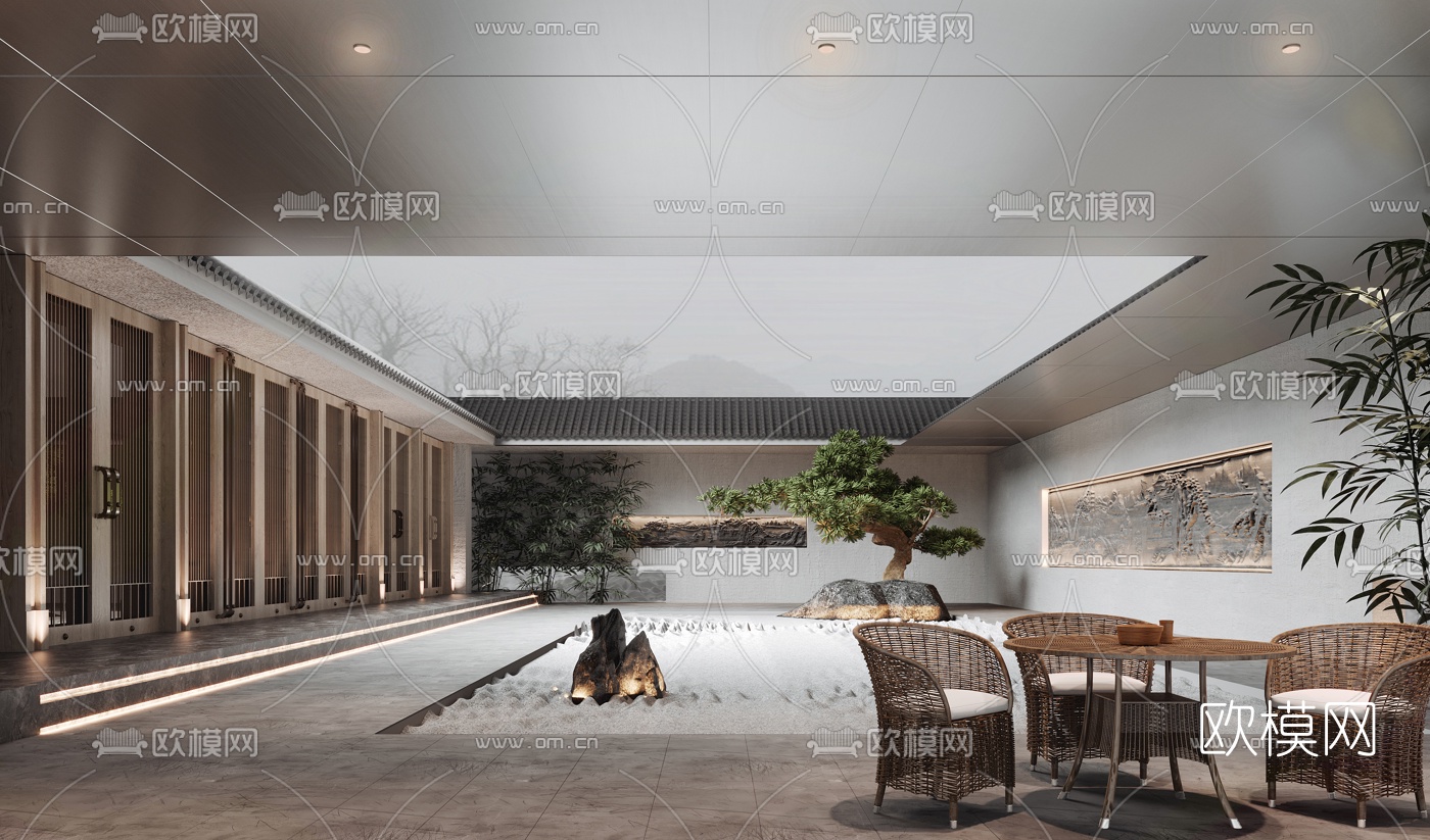 新中式酒店会所中庭3d模型