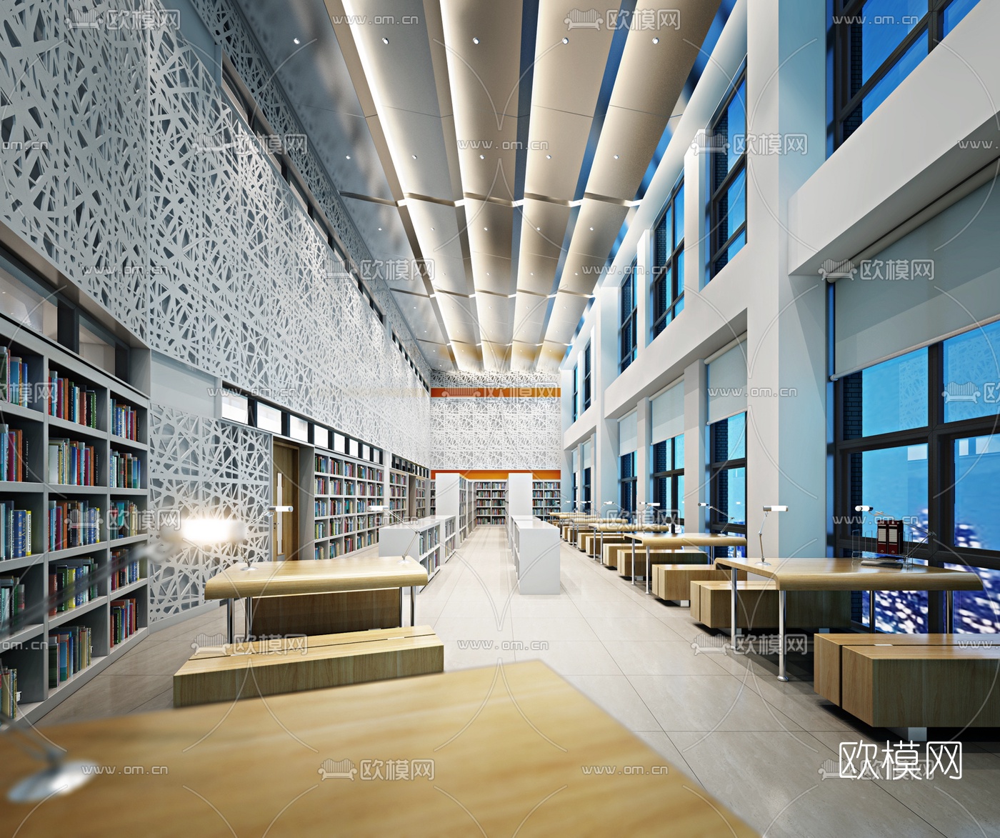 现代阅览室图书馆免费3d模型下载