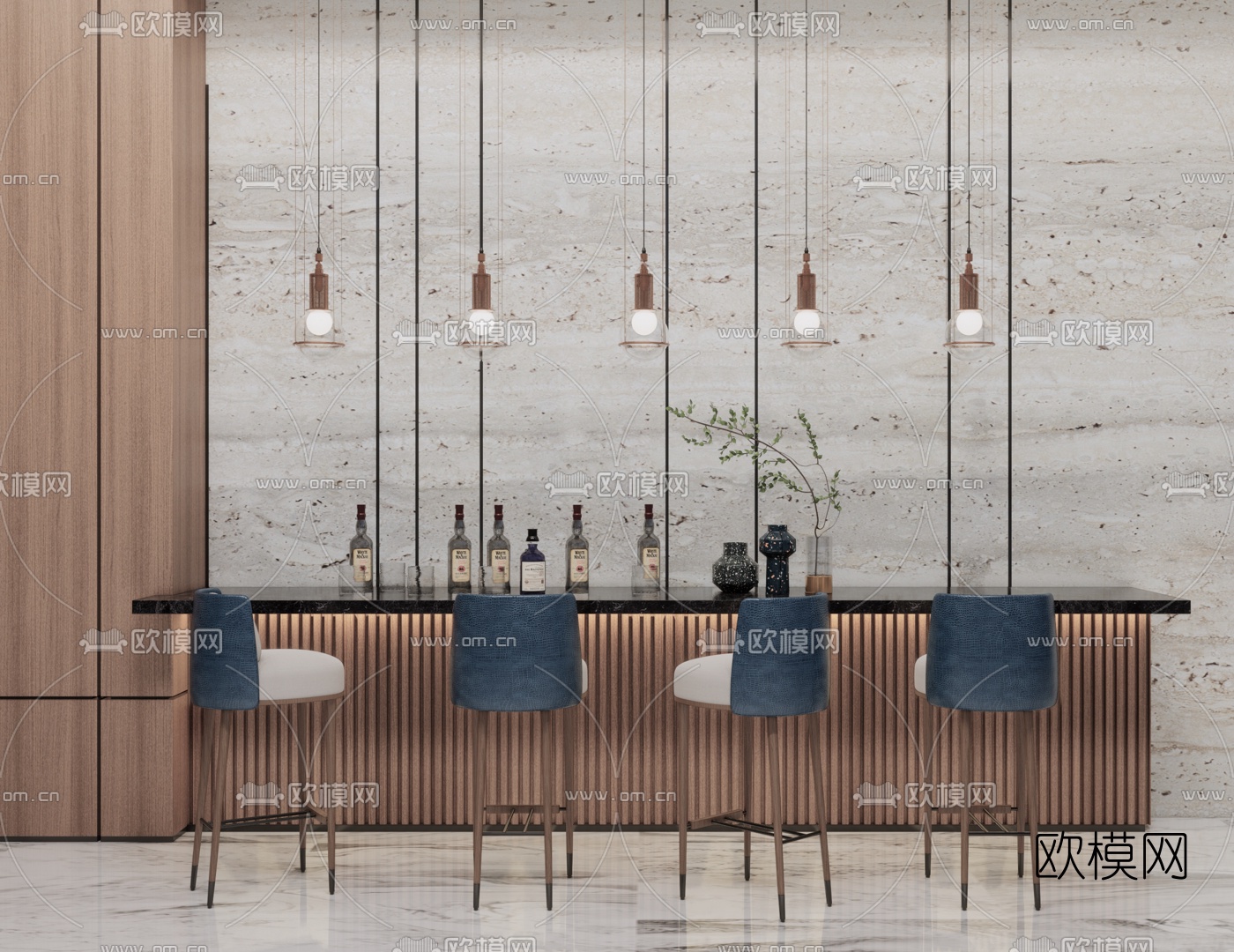 现代轻奢吧台su模型下载（渲染图1）