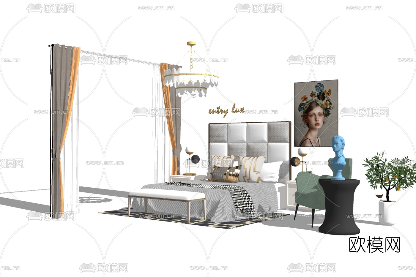 简欧布艺双人床免费su模型下载