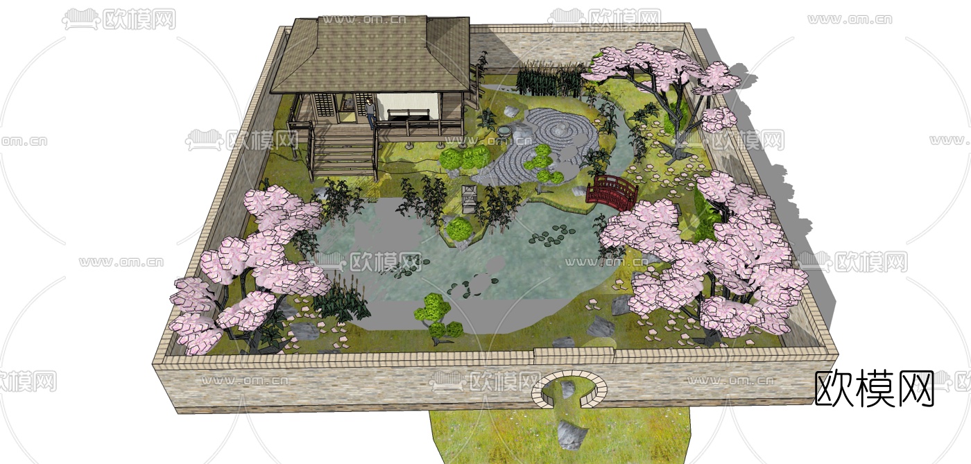 新中式别墅庭院景观su模型下载（渲染图3）