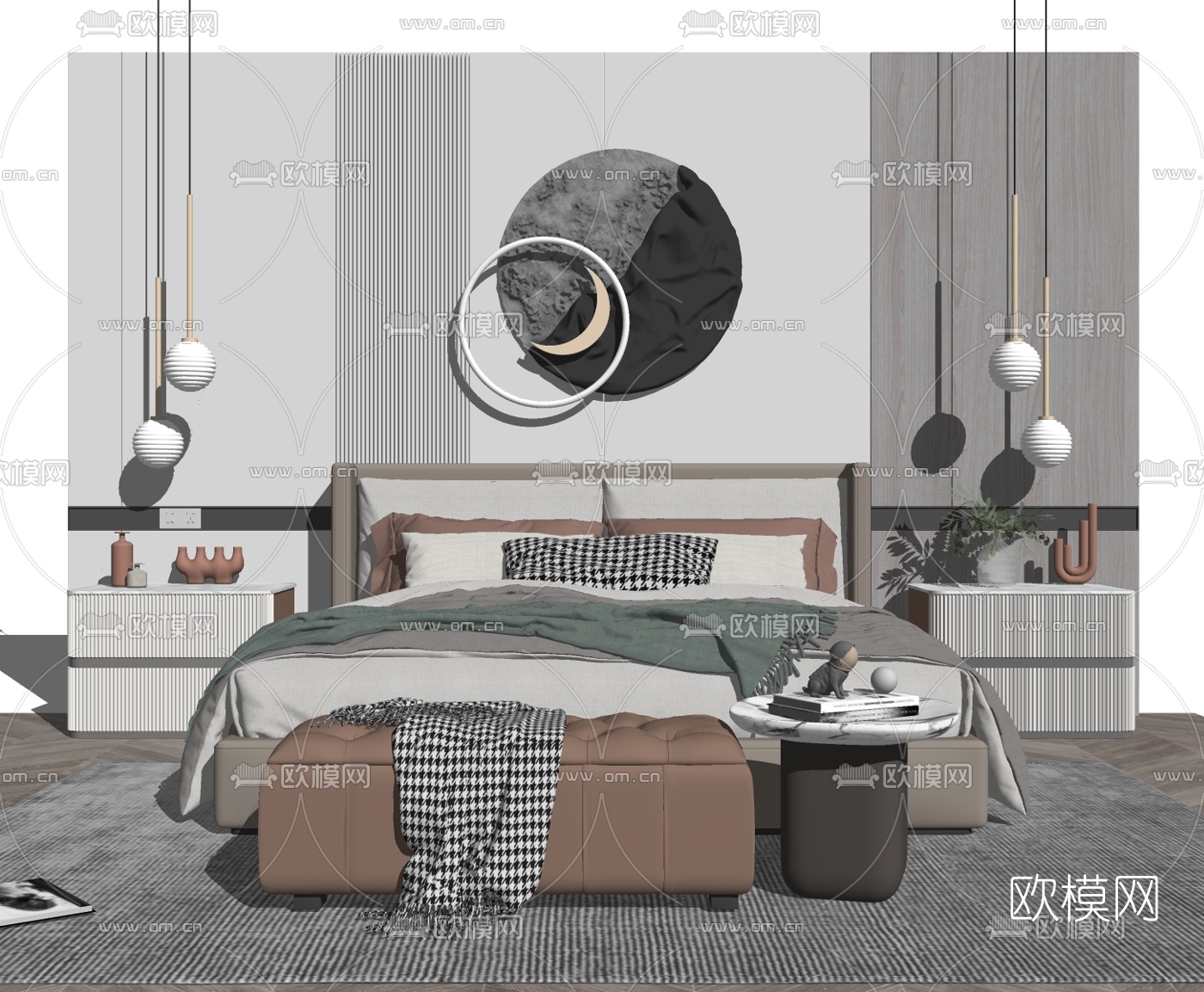 现代布艺双人床su模型下载