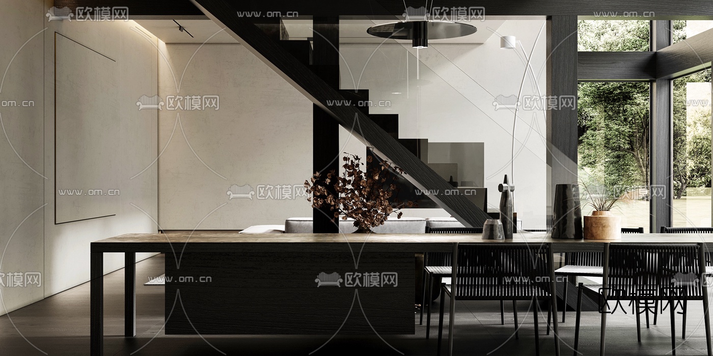 现代高级灰别墅客厅餐厅3d模型下载（渲染图3）
