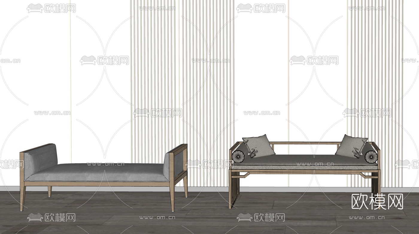 新中式布艺床尾凳su模型下载（渲染图2）