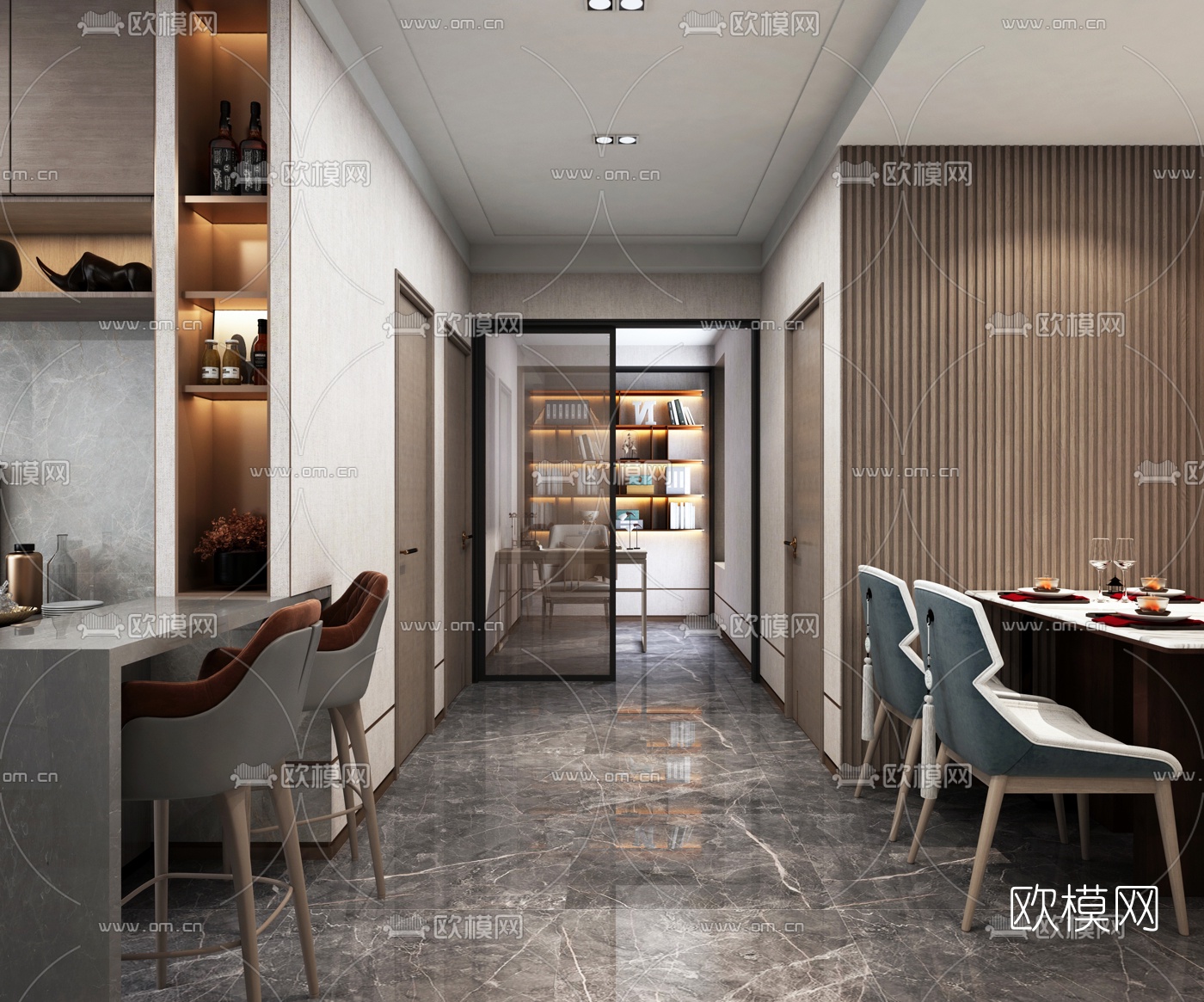 现代客厅餐厅免费3d模型下载（渲染图3）