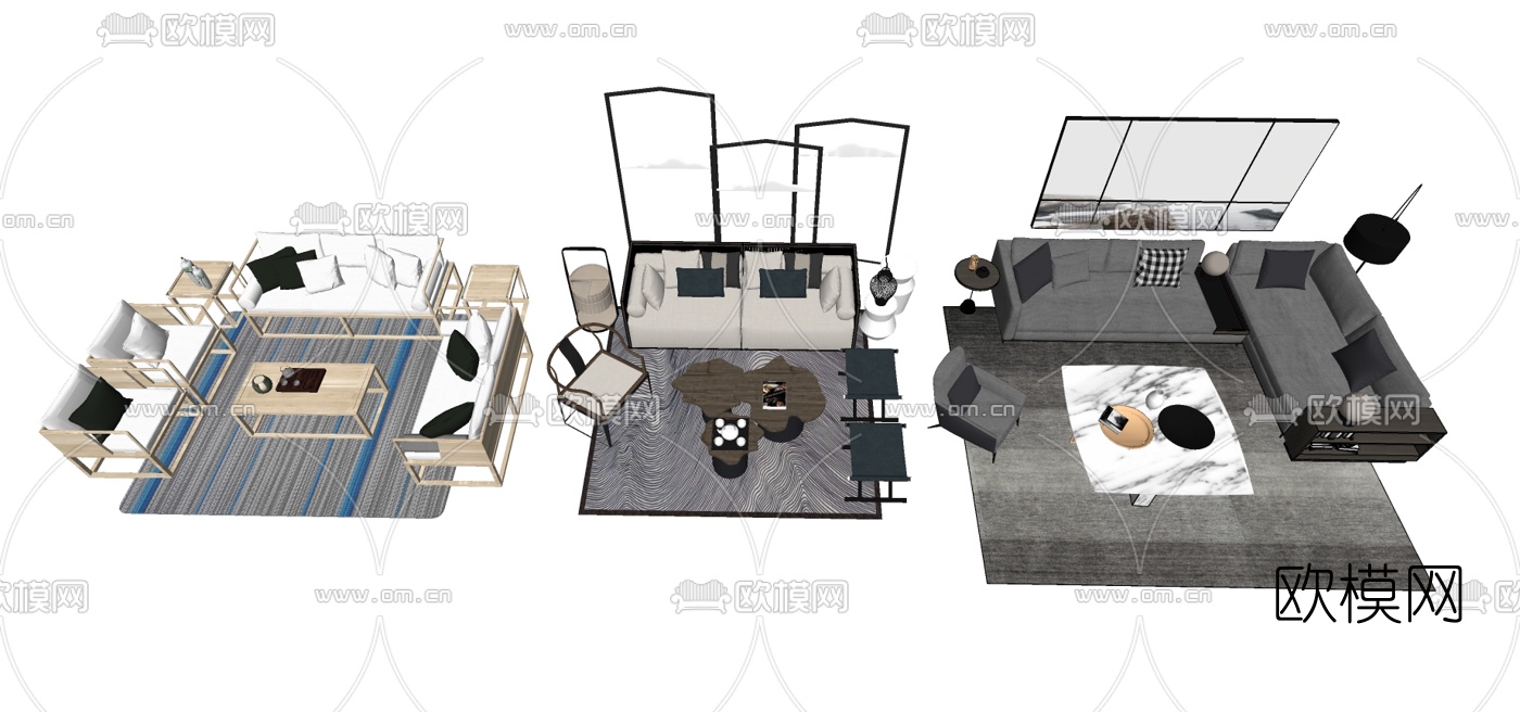 新中式布艺组合沙发su模型下载（渲染图2）