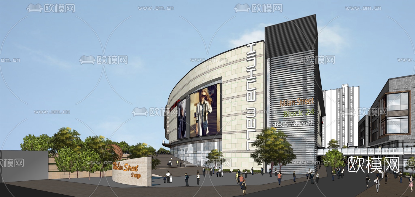 现代商业街su模型下载（渲染图2）
