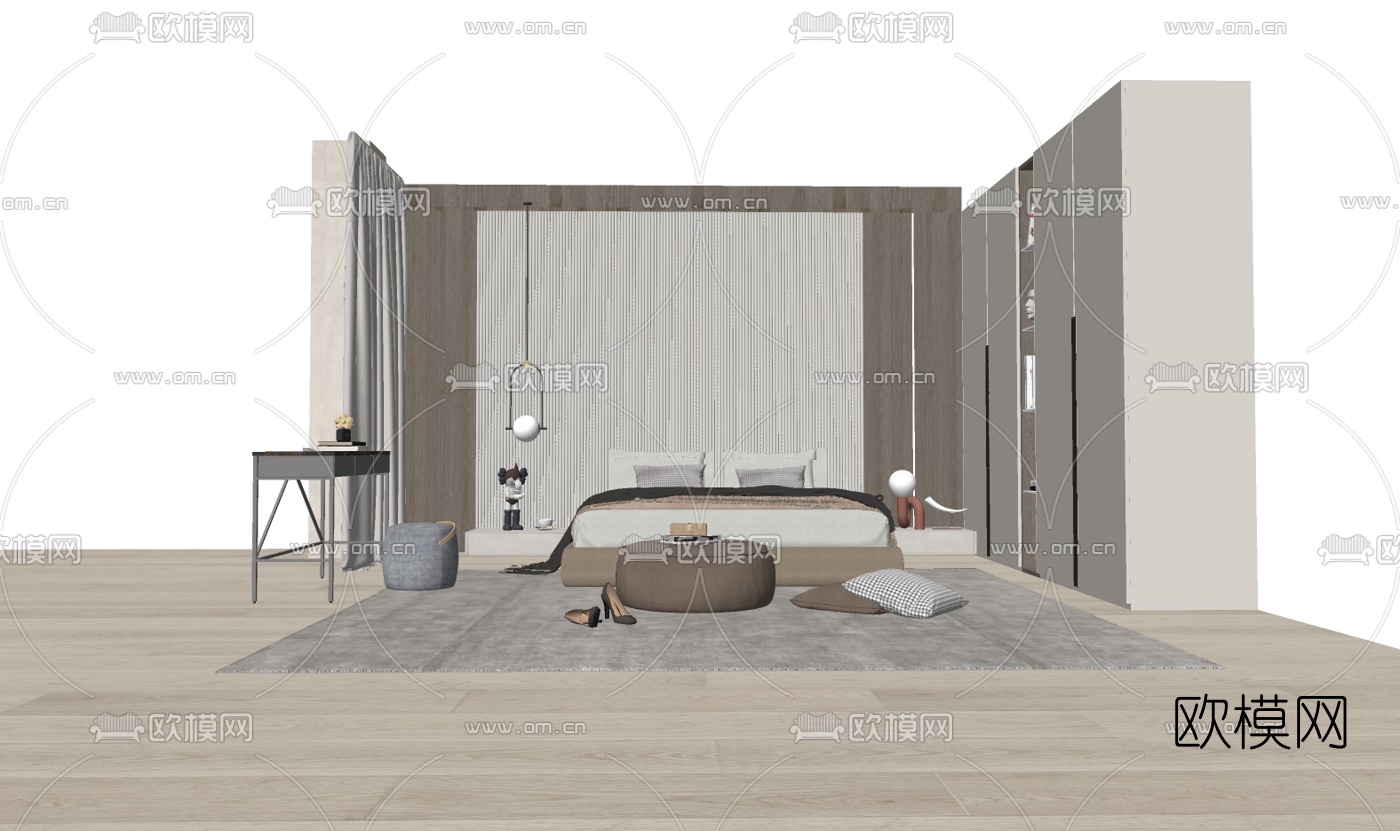 现代布艺双人床su模型下载