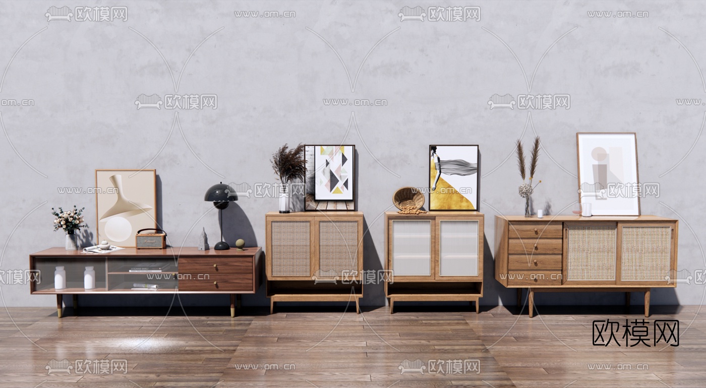 北欧实木边柜电视柜su模型下载
