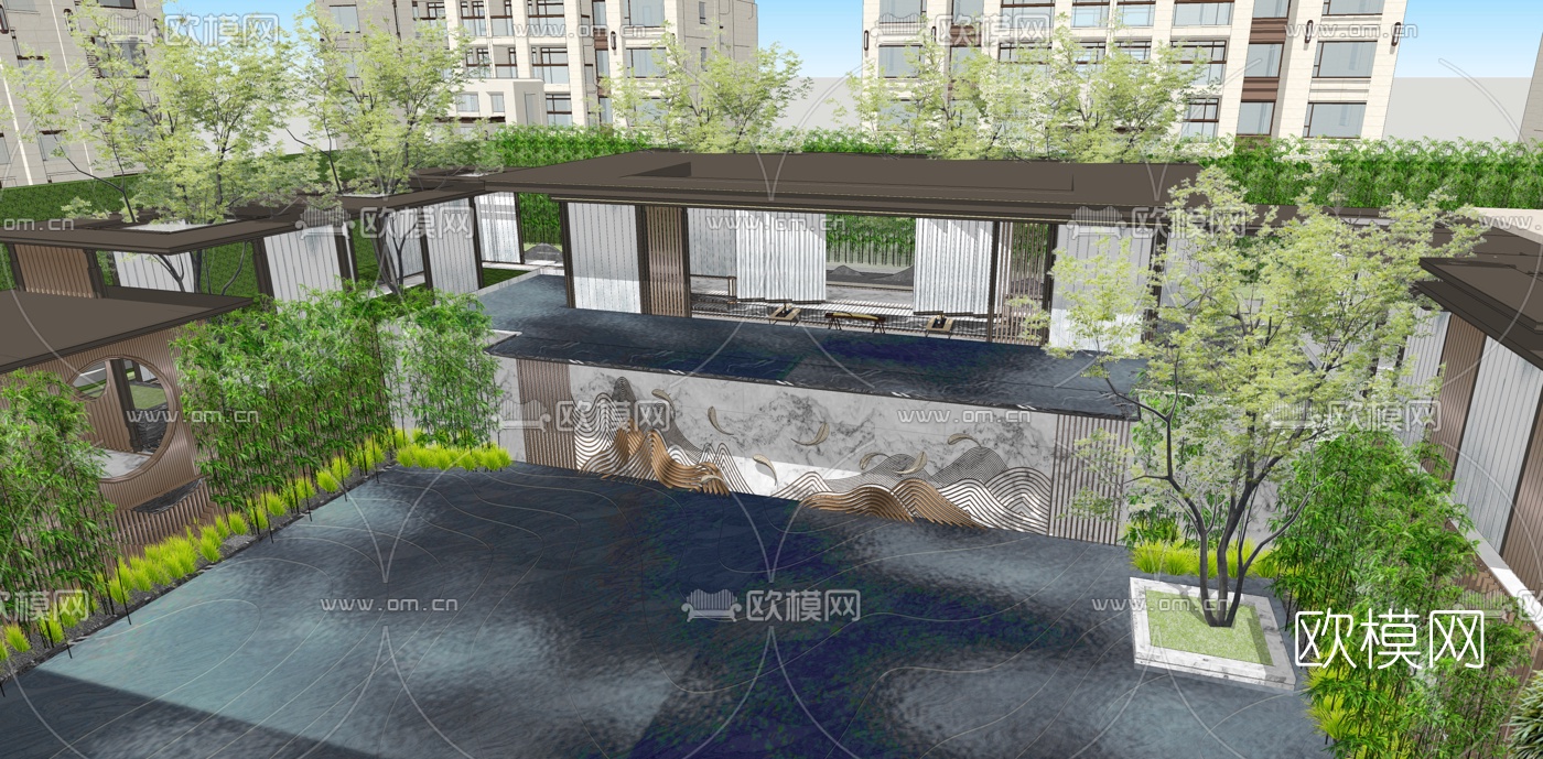 新中式住宅小区庭院景观su模型