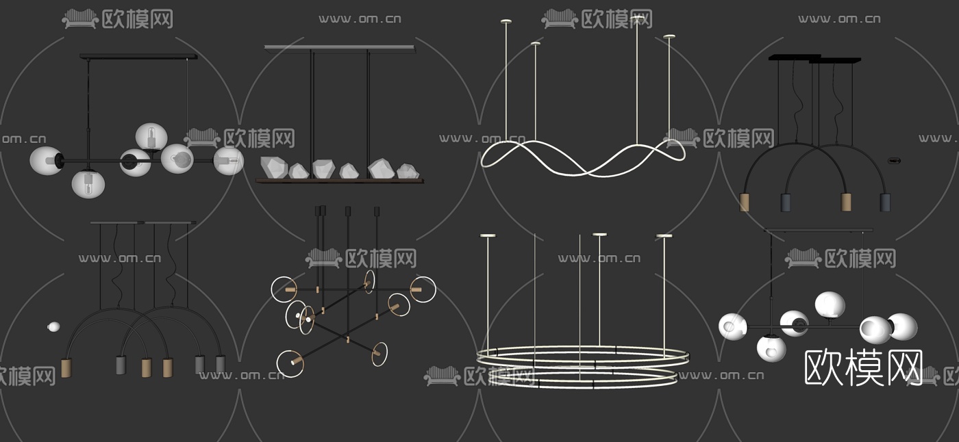 现代金属多头吊灯su模型下载（渲染图1）