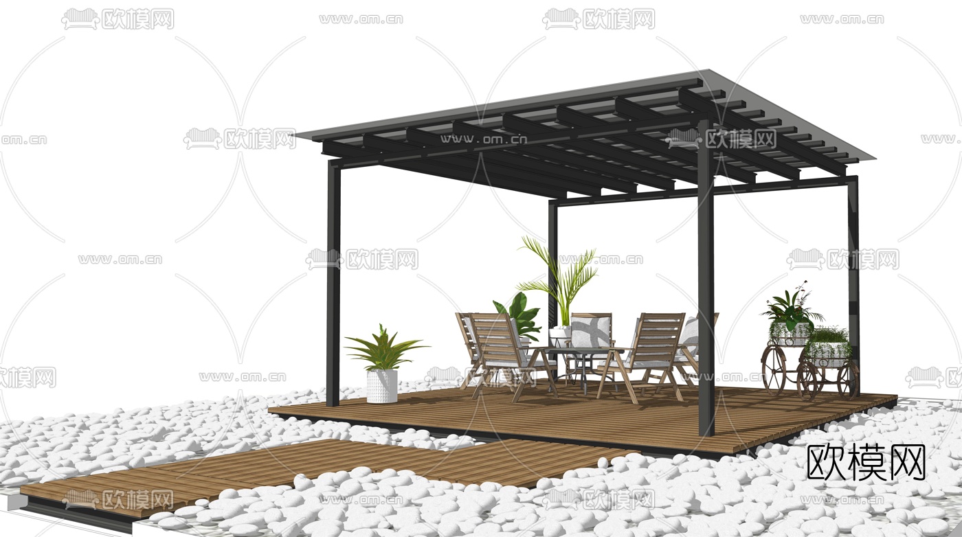 现代钢结构玻璃亭子su模型下载