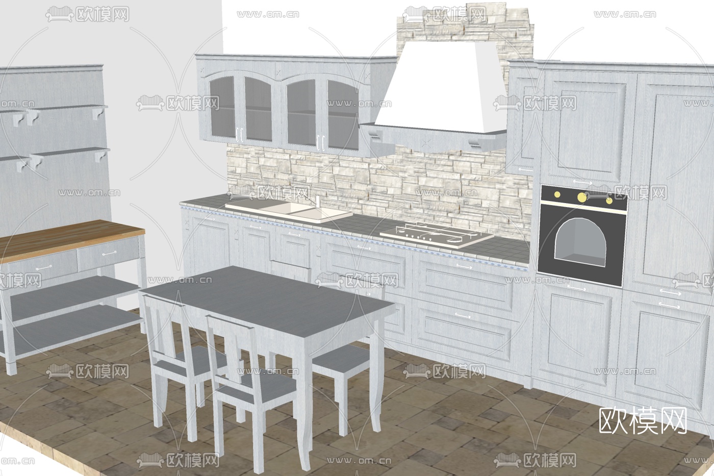简欧开放式厨房su模型下载