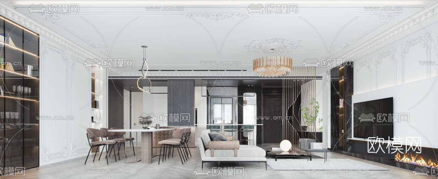 简欧客厅餐厅3d模型下载（渲染图8）